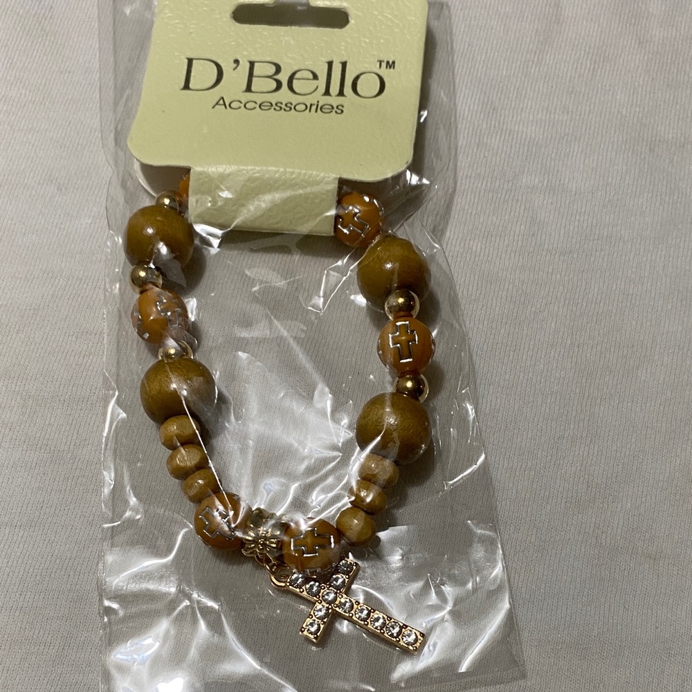 Gold and Brown Beaded Bracelet with Cross Charm